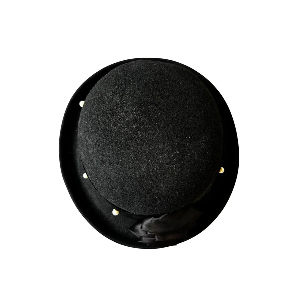 Lancaster Black 100% Wool Bowler Hat Satin Rose Faux Pearl Accents Made in USA